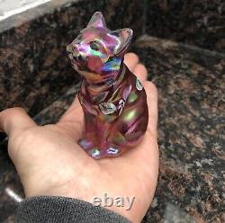 Fenton Pink Iridescent Art Glass Hand Painted Sitting Cat Figurine Artist Signed