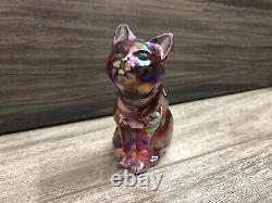Fenton Pink Iridescent Art Glass Hand Painted Sitting Cat Figurine Artist Signed