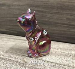 Fenton Pink Iridescent Art Glass Hand Painted Sitting Cat Figurine Artist Signed