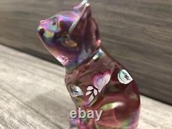 Fenton Pink Iridescent Art Glass Hand Painted Sitting Cat Figurine Artist Signed