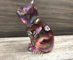 Fenton Pink Iridescent Art Glass Hand Painted Sitting Cat Figurine Artist Signed