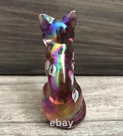 Fenton Pink Iridescent Art Glass Hand Painted Sitting Cat Figurine Artist Signed