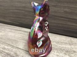 Fenton Pink Iridescent Art Glass Hand Painted Sitting Cat Figurine Artist Signed