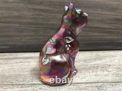 Fenton Pink Iridescent Art Glass Hand Painted Sitting Cat Figurine Artist Signed