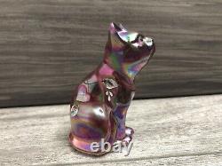 Fenton Pink Iridescent Art Glass Hand Painted Sitting Cat Figurine Artist Signed