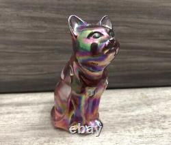 Fenton Pink Iridescent Art Glass Hand Painted Sitting Cat Figurine Artist Signed