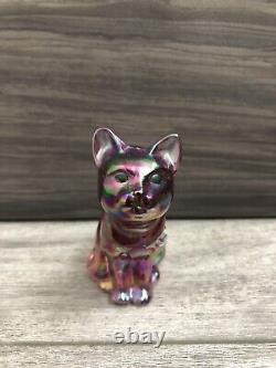 Fenton Pink Iridescent Art Glass Hand Painted Sitting Cat Figurine Artist Signed