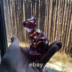 Fenton Pink Iridescent Art Glass Hand Painted Sitting Cat Figurine Artist Signed