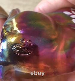 Fenton Pink Iridescent Art Glass Hand Painted Sitting Cat Figurine Artist Signed