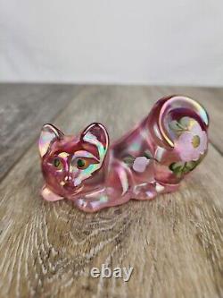 Fenton Pink Iridescent Glass Cat Hand Painted Cat Figurine Signed A. Farley
