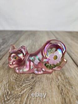 Fenton Pink Iridescent Glass Cat Hand Painted Cat Figurine Signed A. Farley
