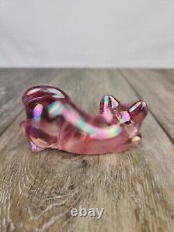 Fenton Pink Iridescent Glass Cat Hand Painted Cat Figurine Signed A. Farley