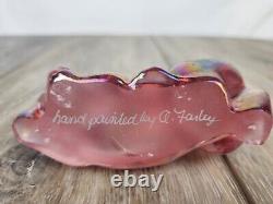 Fenton Pink Iridescent Glass Cat Hand Painted Cat Figurine Signed A. Farley