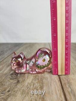 Fenton Pink Iridescent Glass Cat Hand Painted Cat Figurine Signed A. Farley
