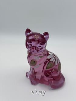 Fenton Pink Sitting Cat Figurine Hand Painted Floral Kitty Signed Gold Glitter