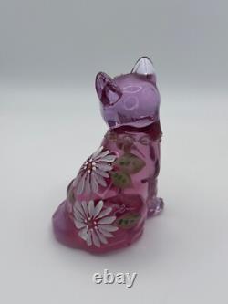 Fenton Pink Sitting Cat Figurine Hand Painted Floral Kitty Signed Gold Glitter