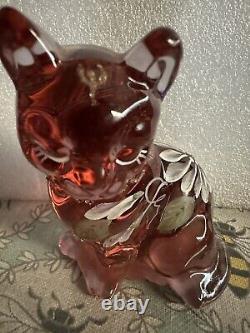 Fenton Pink Sitting Cat Figurine Painted Floral Kitty Signed By E. Lowe
