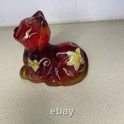 Fenton Ruby Red (Amberina) Laying Down Cat RARE Handpainted And Signed 5318 3X