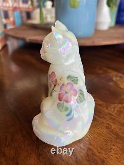 Fenton Solid Opal Carnival Glass Sitting Cat Signed, Floral Painted, Art Deco