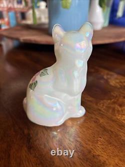 Fenton Solid Opal Carnival Glass Sitting Cat Signed, Floral Painted, Art Deco