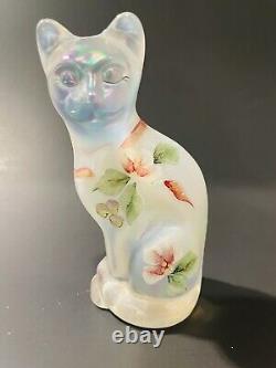 Fenton White/clear Iridescent Hand Painted sitting Cat Signed by Artist E. Lowe