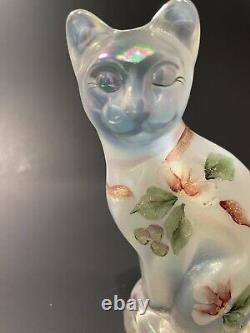 Fenton White/clear Iridescent Hand Painted sitting Cat Signed by Artist E. Lowe