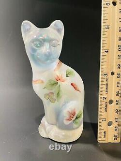 Fenton White/clear Iridescent Hand Painted sitting Cat Signed by Artist E. Lowe