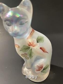 Fenton White/clear Iridescent Hand Painted sitting Cat Signed by Artist E. Lowe