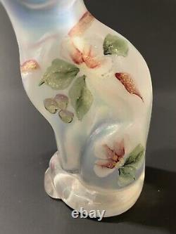 Fenton White/clear Iridescent Hand Painted sitting Cat Signed by Artist E. Lowe