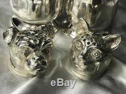 Fine Pair English Silver Plate Animal Pug Dog & Cat Salt Pepper Shaker Stamped