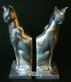 Frankart sitting cat bookends art deco moderne in a polished aluminum a pair USA
