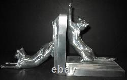Frankart style cats up and down bookends art deco moderne sanded aluminum a pair