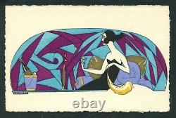 French 1920s 3 ART DECO Designs Fashion HAND Applied WATERCOLORS Cat Dog VASTA