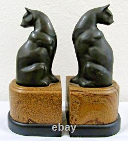 French Art Deco Patinated Bronze Sitting Egyptian Cat Bookends- a Pair