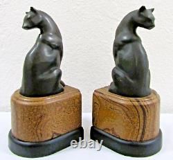 French Art Deco Patinated Bronze Sitting Egyptian Cat Bookends- a Pair