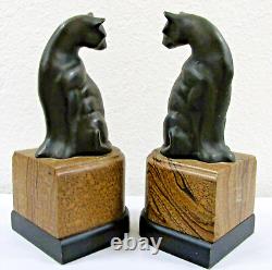 French Art Deco Patinated Bronze Sitting Egyptian Cat Bookends- a Pair