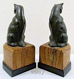 French Art Deco Patinated Bronze Sitting Egyptian Cat Bookends- a Pair