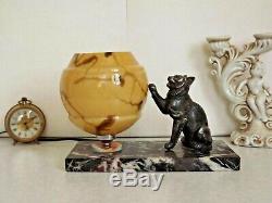 French Art Deco Perrina Cat Lamp On Marble Base Yellow Veined Shade 2127