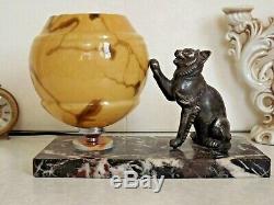 French Art Deco Perrina Cat Lamp On Marble Base Yellow Veined Shade 2127