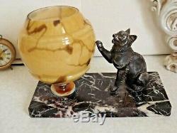 French Art Deco Perrina Cat Lamp On Marble Base Yellow Veined Shade 2127