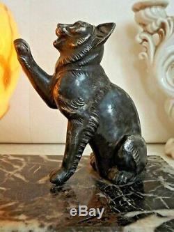 French Art Deco Perrina Cat Lamp On Marble Base Yellow Veined Shade 2127