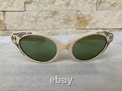 French Cateye 1950's Sunglasses White With Decorations Rhinestones Vintgae Nos
