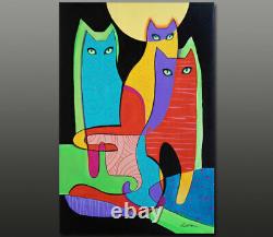 Gala ORIGINAL modern art deco cats- figurative canvas painting LARGE NEW