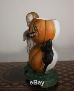 Ges Gesch German Halloween Bisque Jack O' Lantern Candy Container Rare Black Cat