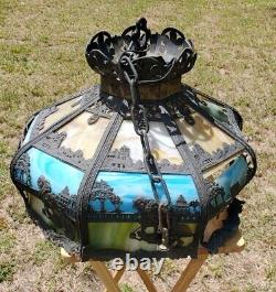 Giant Slag Glass Hanging Lamp Shade Farm Cat Figural Motif Art Nouveau Deco