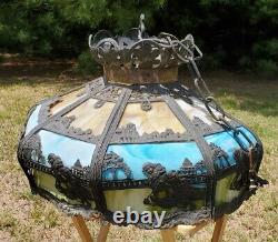 Giant Slag Glass Hanging Lamp Shade Farm Cat Figural Motif Art Nouveau Deco