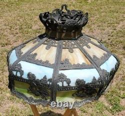 Giant Slag Glass Hanging Lamp Shade Farm Cat Figural Motif Art Nouveau Deco