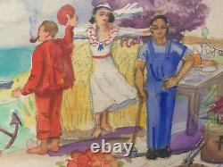 Guy Combrisson (1905-1991) Animee Art Deco Scene By The Sea 1940 (46)