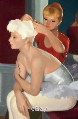 Guy Seradour Art Deco Gouache painting of two young ballerinas 1940