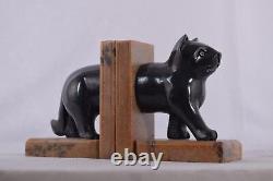 Hand Carved Stone Cat Bookend Black And Natural Colour Combination Office Decor